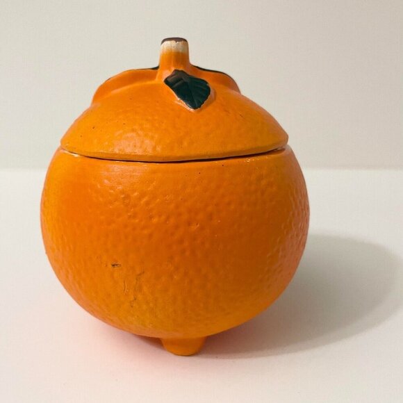 Vintage Orange Anthropomorphic Smiling Fruit Ceramic Sugar Bowl Googly Eyes - Picture 3 of 16